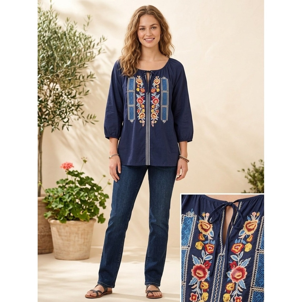 Magazine Embroidered Floral Boho Peasant Top Tunic 3/4 Sleeve Navy L NWT